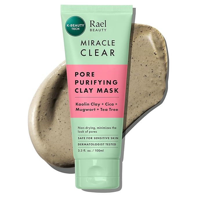 Rael Face Mask, Miracle Clear Clay Mask – Deep Pore Cleanser with Tea Tree & Gentle Exfoliation for Blackheads, Korean Skin Care (3.4 fl oz)