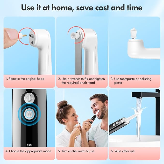 Tooth Polisher, Rechargeable Teeth Polisher for Daily Cleaning, Whitening and Polishing, Electric Dental Teeth Polishing with LED Light, 5 Brush Heads, 5 Speed Modes, Waterproof