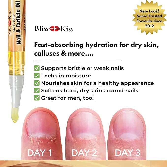 Bliss Kiss | 1 Vanilla Fragrance | Nail Oil Cuticle Pen w/Vitamin E & Jojoba⏤Nail Strengthener Nail Growth Serum for Brittle Peeling Breaking Thin Nails