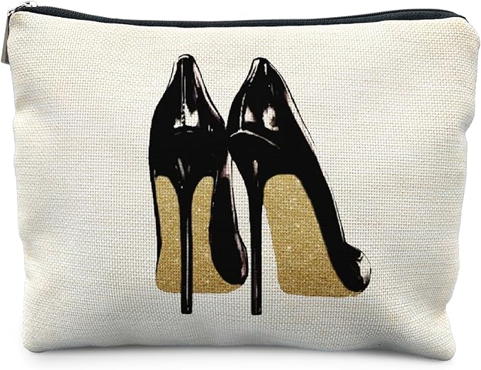 Trendy Black and Gold Makeup Bag for Women, Fashion Glitter High Heels Modern Aesthetic Cosmetic Bag for Purse, Trendy Girly Makeup Zipper Pouch