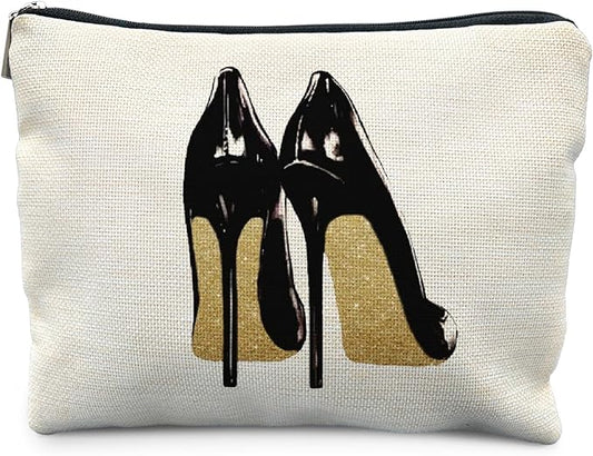 Trendy Black and Gold Makeup Bag for Women, Fashion Glitter High Heels Modern Aesthetic Cosmetic Bag for Purse, Trendy Girly Makeup Zipper Pouch