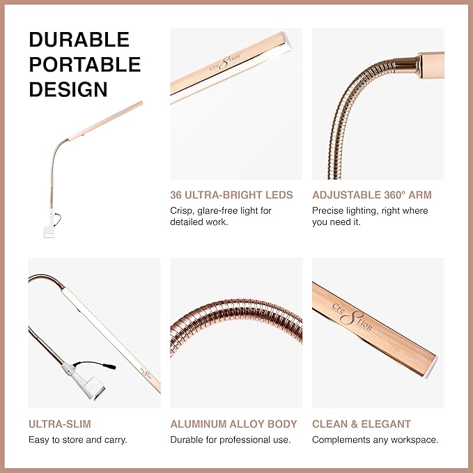 Cre8tion Ultra‑Slim LED Desk Lamp, Champagne Gold, 12 W Sleek Task Light for Nail Salons, Lash Techs, Home Offices (Champagne Gold)