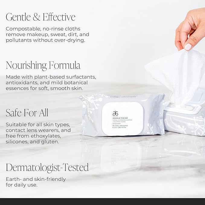 Arbonne Makeup Remover Wipes - Dissolve the Day Facial Cleansing Makeup Wipes for Women, Gentle Cleansing Towelette for Face, Removes Dirt and Sweat