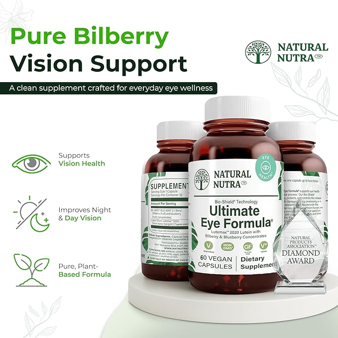 Natural Nutra Ultimate Eye Health Supplement - Bilberry & Blueberry Extract Blend for Day and Night Vision Support, Promotes Color Perception & Eye Clarity - Non-GMO, Gluten-Free, Vegan - 60 Capsules