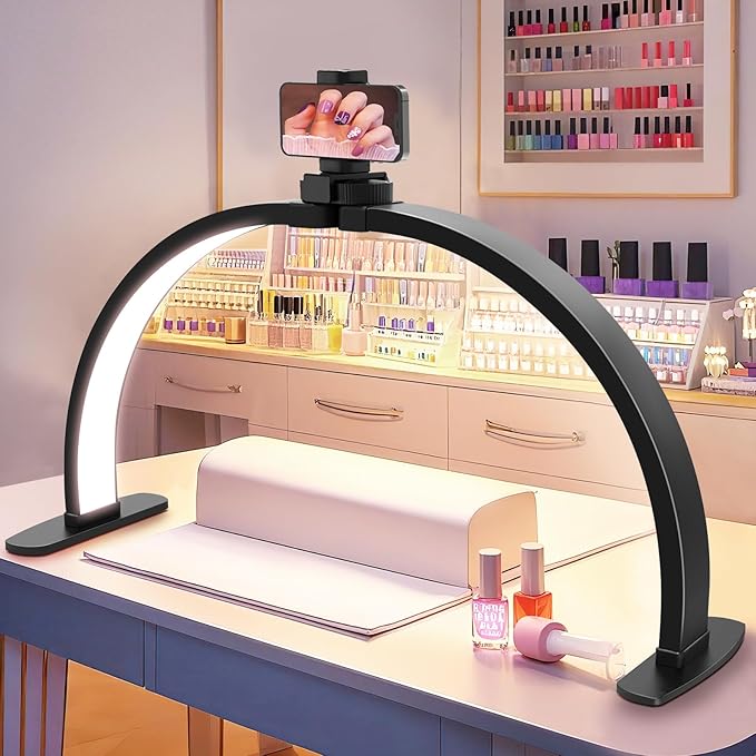 Nail Half Moon Light: Big LED Arch Nail Tech Table Lamp with Phone Holder - Salon Professional Desk Light 3 Mode Lighting Manicure Technician Use