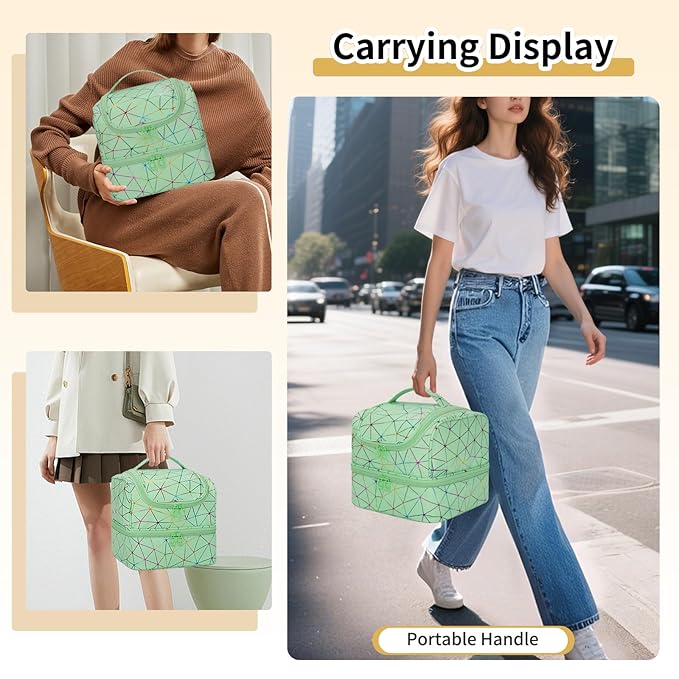 CUBETASTIC Nail Polish Organizer, Cute Nail Tech Organizers And Storage Bag Holds 45 Bottles & UV Nail Lamp, Compact Double-Layer Travel Nail Supplies Case for Nail Kit (Triangle Green, 27 Slots)