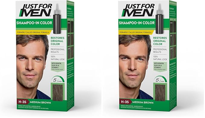 Just For Men Shampoo-In Color (Formerly Original Formula), Mens Hair Color with Keratin and Vitamin E for Stronger Hair - Medium Brown, H-35, Pack of 2