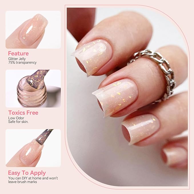 BORN PRETTY Jelly Glitter Gel Nail Polish Shimmer Nude Gel Polish Translucent Sheer Milky Gel Polish Nail Art Manicure Salon DIY at Home