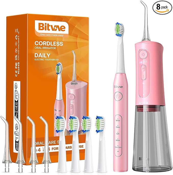 Bitvae Water Dental Flosser Teeth Picks - Cordless Portable Oral Irrigator, 5 Modes Sonic Electric Toothbrush with 3 Modes & 5 intensities Water Teeth Cleaner Combo, Quartz Pink