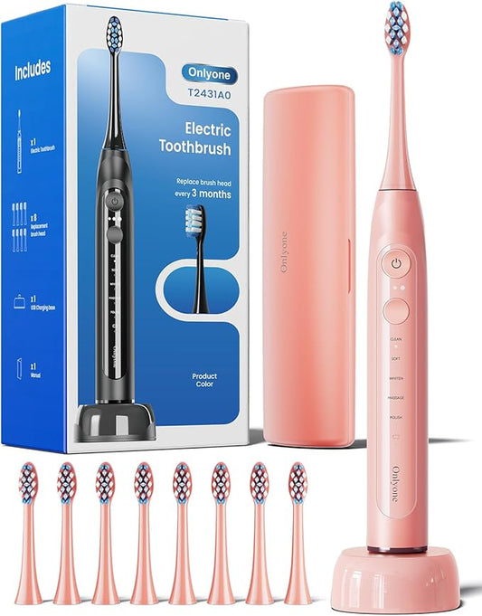 Onlyone Sonic Electric Toothbrush for Adults, Rechargeable Ultrasonic Electric Toothbrush with 8 Brush Heads, Travel Case, Charging Base & Wireless Charging - 5 Modes with Smart Timer