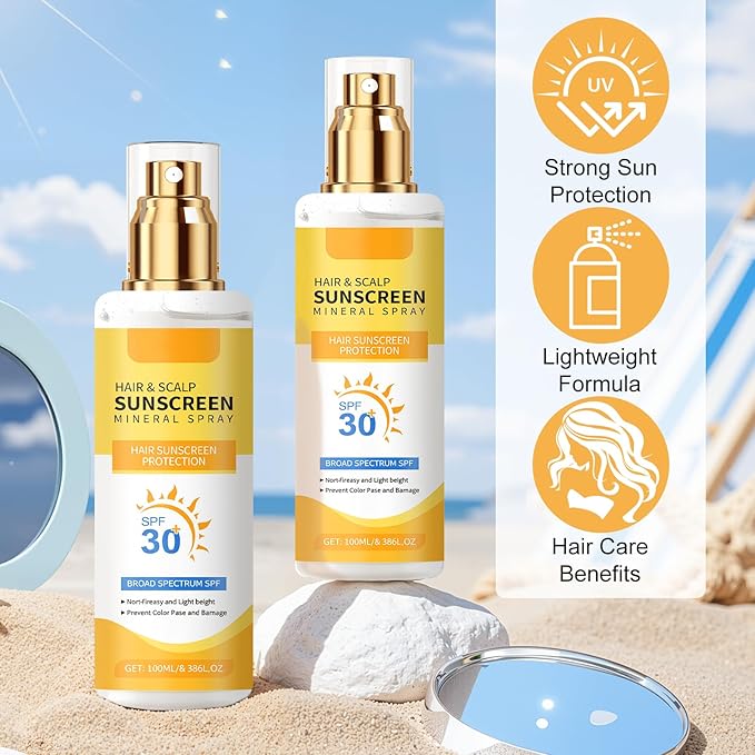 2PCS Ultimate Hair & Scalp Sunscreen Spray SPF 30, Weightless Non-Greasy Protection, UV Protection Spray for Color-Treated Hair, Scalp Sunblock Prevents Fading & Dryness, Beach & Pool Essentials
