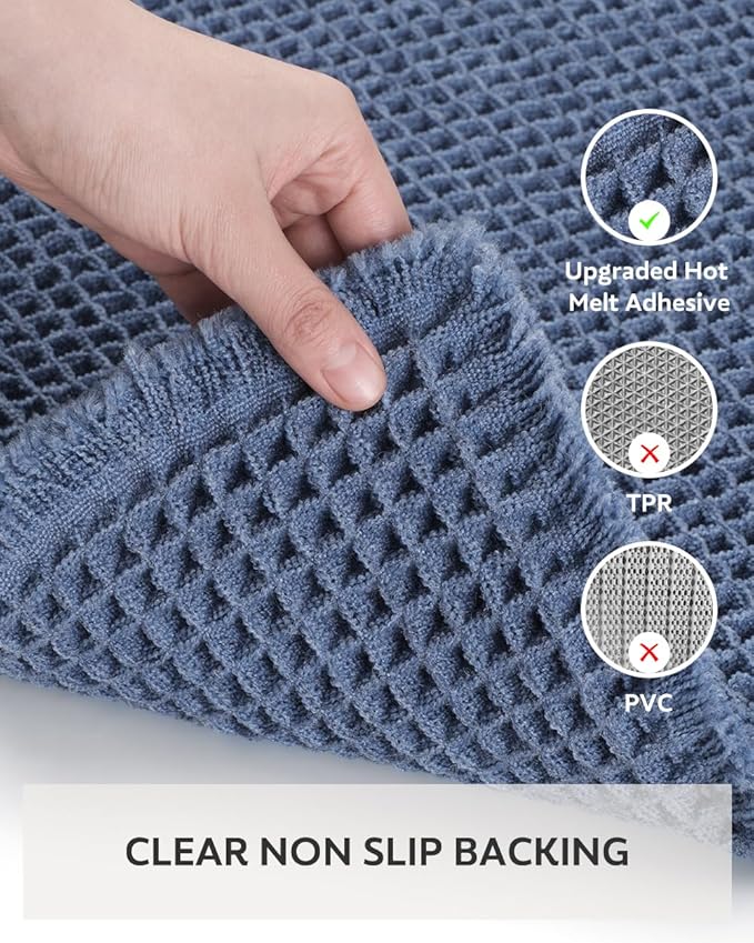 tchdio Waffle Bath Runner Rug, Super Absorbent Non Slip Bath Mats for Bathroom Machine Washable Long Rugs with Tassels, Bath Rugs for Bathroom Floor Beside Tub, 2' x 5'(24" x 60"), Blue
