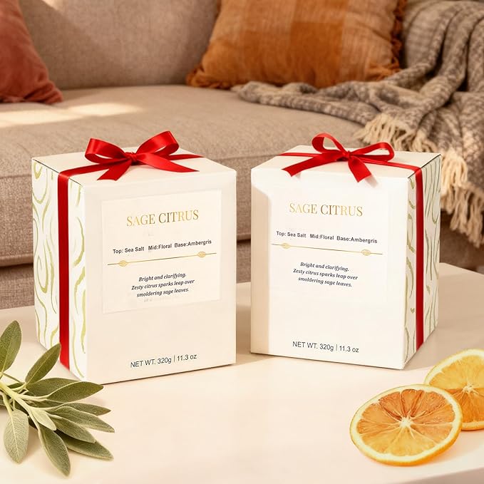 2 Pack Candles for Home Scented,Wood Wick Sage Citrus Scented Candle,22.6 oz 150 Hour Long Burning Lasting, Natural Soy Wax Candles Gifts Set,for Christmas Day