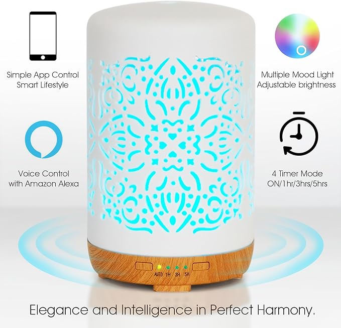 Earnest Living Smart WiFi Essential Oil Diffuser White Ceramic Diffuser 250 ml with Alexa App Phone Control LED and Auto Off Office Humidifier Aromatherapy Diffusers for Essential Oils