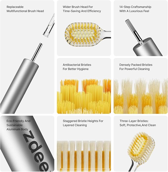 Ultra Soft Manual Toothbrush for Adults with Sensitive Gums, Aluminum Alloy + ABS Handle with 6 Replaceable Wide Soft Gum Care Heads, Gentle Daily Brushing, Eco-Friendly Reusable Design