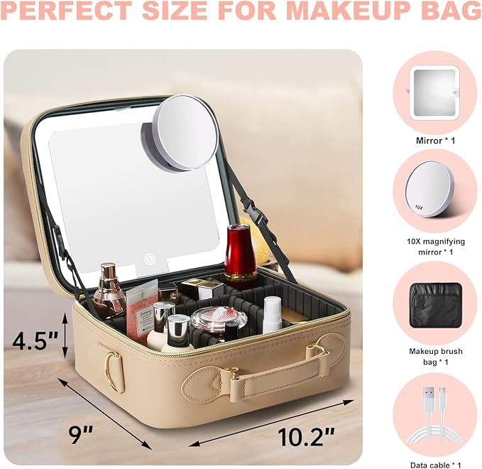 Mocado Travel Makeup Bag with LED Lighted Mirror,Travel Makeup Organizer,Makeup Case with 3 Color Lighted Setting and 10x Magnifying Mirror,Portable Storage and Adjustable Dividers Makeup Box(Khaki)