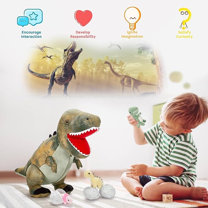 MorisMos Dinosaur Stuffed Animals Set,23.6'' Big Stuffed Dinosaur Mommy + 3 Baby Dino Toys+3 Plush Dino Eggs, Boy Girl T-Rex Toys for Kid Birthday Gift,Realistic T-rex, CPC Certified,Machine Washable