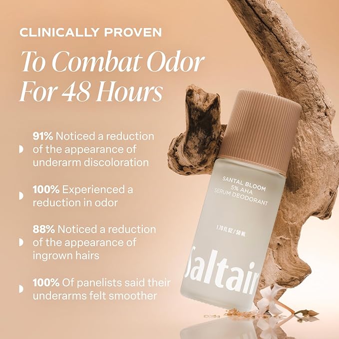 Saltair Serum Deodorant Santal Bloom 2 Pack. 5% AHA Formula. Lactic Acid and Mandelic Acid Deodorant. Aluminum Free Odor Control for Women and Men. Travel Essentials, 2x 1.7oz Roll On