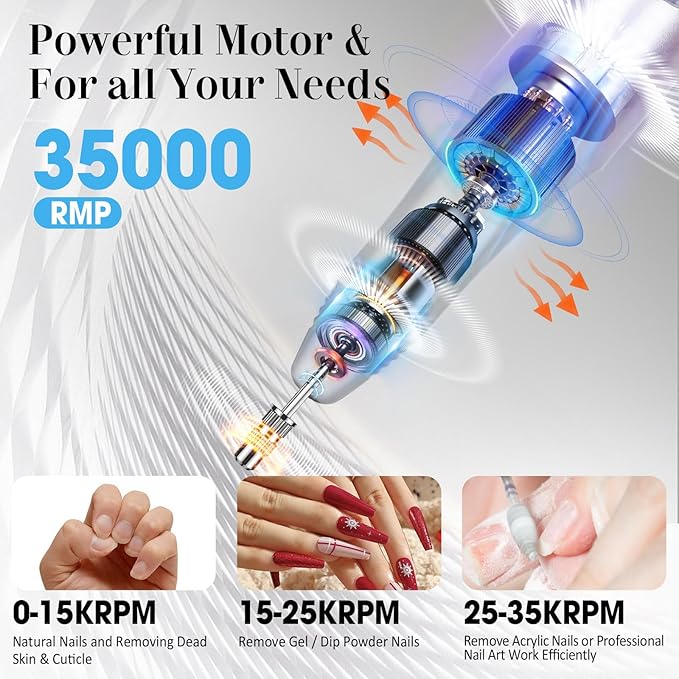 Professional Nail Drill 35000RPM Drill Nail Electric Nail File Dril Nails with 100pcs Sanding Bands and Nail Drill Bits for Acrylic, Gel Nail Manicure & Pedicure