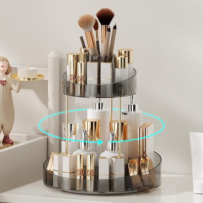 2 tier Makeup Organizer Countertop,360 Rotating Makeup Organizer for Skincare, Lipstick and Perfumes,Multi-function Cosmetic Display Cases for Vanity,Bathroom,Grey
