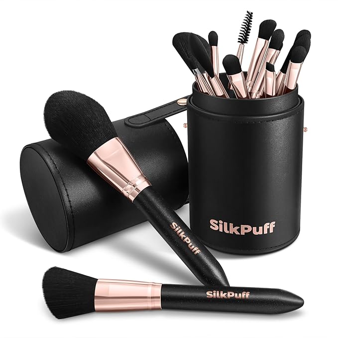 Silkpuff Makeup Brushes Set 15 Pcs Professional, Travel Makeup Brushes With Brush Case, Pearlescent Wood Handle, Premium Cruelty-Free Synthetic Fiber Hair, Foundation Concealer Eye Shadow Blush（Black）