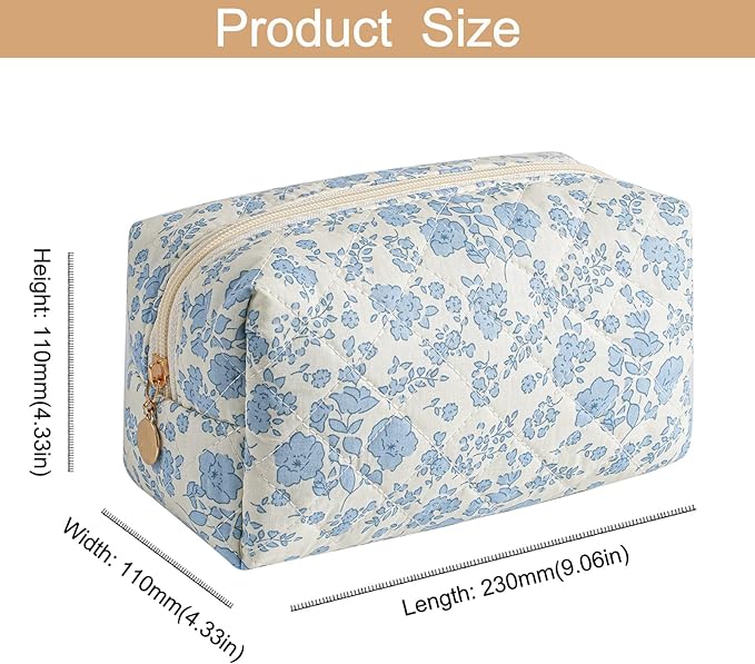 Makeup Travel Cosmetic Bag, Two Pack: Pink+Blue Floral, Zipper Closure, Durable Polyester, Perfect for Toiletry, Makeup, Travel