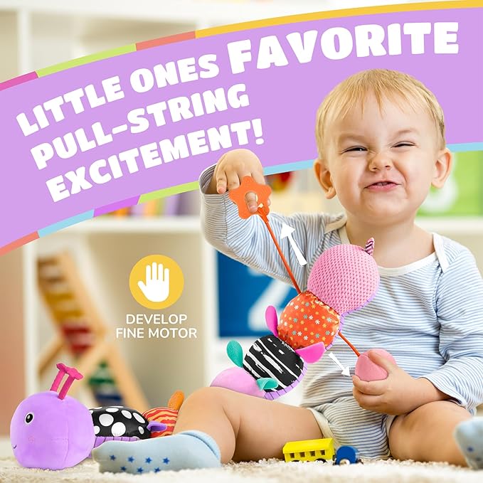 Baby Toys 6-12 Months Music Caterpillar Infant Toys Stuffed Animals 0-3-6 Months Teething Tummy Time Sensory Toys with Mirror Rattle&Pull String for Boys Girls Birthday Gifts|Lavender Purple