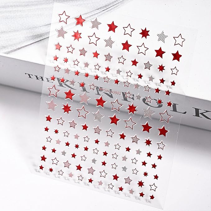 12 Sheets White Blue Red Star Nail Art Stickers 3D Self Adhesive 4th of July Nail Stickers for Nail Art Independence Day Nail Decals Star Nail Supplies Design for DIY Acrylic Nails for Women Girls