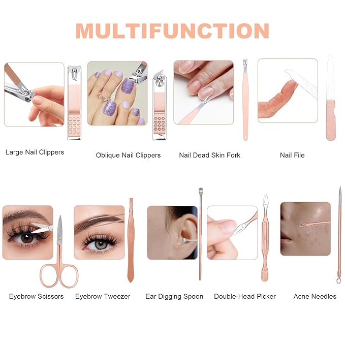 9 PCS Nail Clippers, ONEHERE Premium Manicure Set, Professional Grooming Gift Kit, Pedicure Kit, Facial, Hand, Foot, Cuticle Nail Care Tools, Fingernail Clippers with Luxurious Portable Travel Case