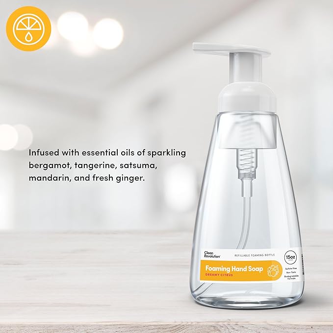 Clean Revolution Foaming Hand Soap, Gentle, Moisturizing, Ready To Use Formula, Real Essential Oils, Gluten Free, Dreamy Citrus, 15 Fl Oz