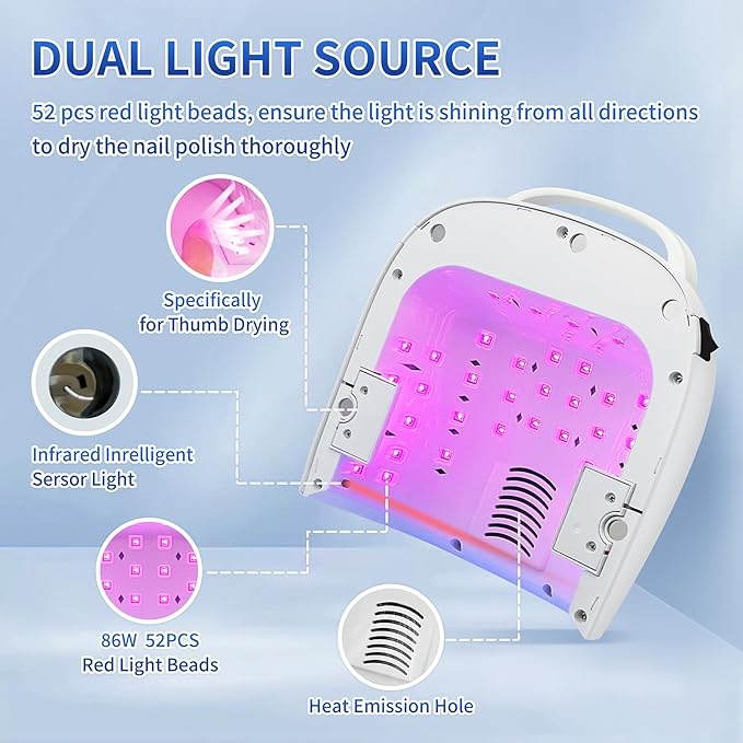 UV LED Nail Lamp, 86W Rechargeable Cordless Nail Dryer, 52 Lamp Beads 4 Timers Settings & Auto Sensor, Professional Gel Polish UV LED Nail Light for Salon & Home (White)