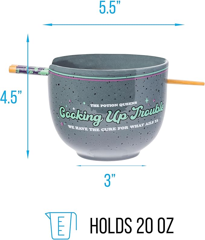 Silver Buffalo Disney Villains Featuring Ursula, Evil Queen, and Yzma Cooking Up Trouble Ceramic Ramen Noodle Rice Bowl with Chopsticks, Microwave Safe, 20 Ounces