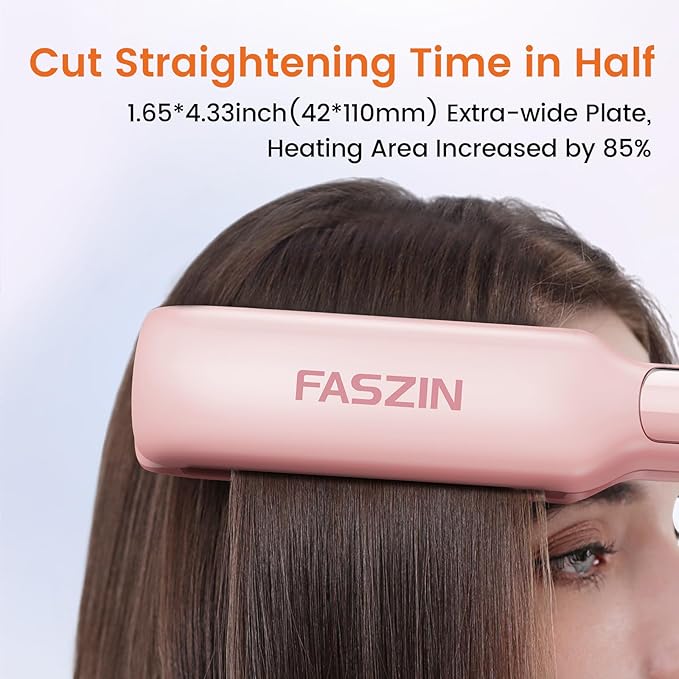 Faszin Professional Hair Straightener, 1.65inch Wide-Plate, Titanium Negative Ion Flat Iron, 30s Rapid Heating, LED Temp Display, Wide Voltage & 10 Adjustable Temp Levels (260-450℉) - Pink