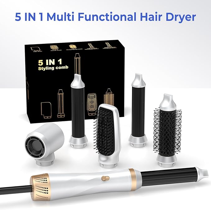 Hair Dryer Brush 5 in 1, Blow Dryer Brush Set with Air Curler Wrap Hair Styler, Negative Ionic Blow Dry Brush, Detachable Hair Tool for Curling, Volumizer,Straightener,Drying