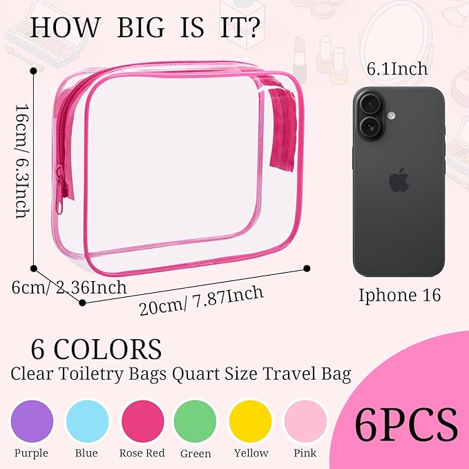 6 Pieces Clear Makeup Bags Bulk TSA Approved Toiletry Bag for Travel PVC Waterproof Clear Cosmetic Pouch with Zipper for Men and Women Carry-on Travel Essentials