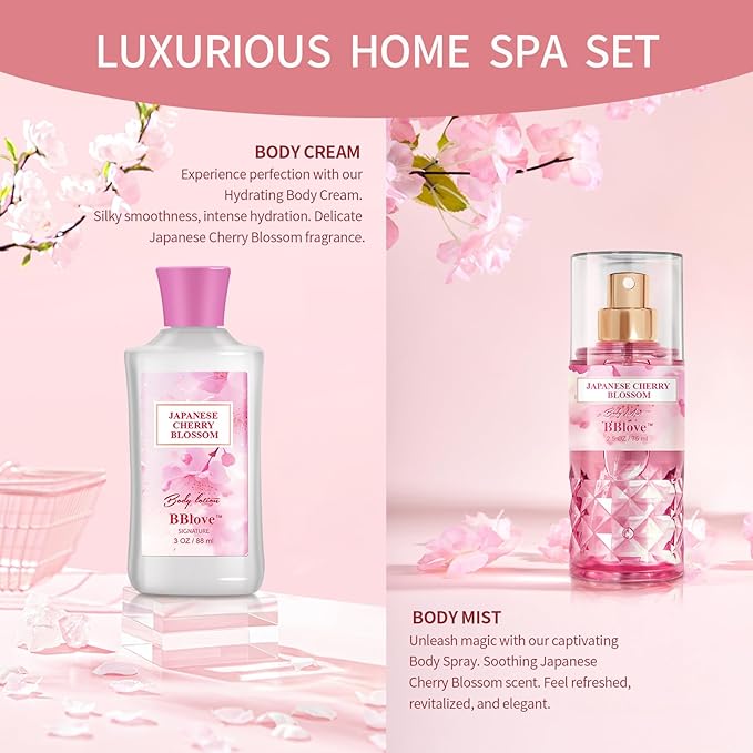 Japanese Cherry Blossom Bath and Body Gift Set - 2-Piece Travel Skincare Essentials (3oz Body Lotion + 2.5oz Fragrance Mist) Lightweight Hydrating Duo, Holiday Gift Set