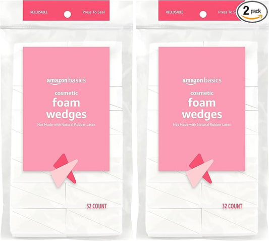 Amazon Basics Cosmetic Rectangular Foam Wedges For Makeup, 32 Count, White (Pack of 2)