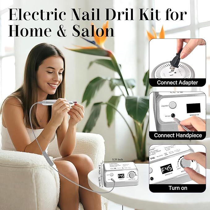 Professional Nail Drill 45000RPM Drill Nail Electric Nail File with Sanding Bands and Nail Drill Bits for Acrylic, Gel Nail Manicure & Pedicure, Gray