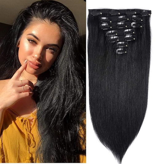 14" Clip in Human Hair Extensions Full Head 110g 7 Pieces 16 Clips Natural Black Double Weft Brazilian Real Remy Hair Extensions Thick Straight Silky (14",110g 1B#)