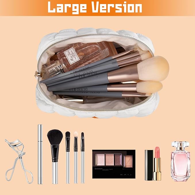 Initial Checkered Makeup Bag, Large Quilted Cosmetic Bag, Cute Make up Pouch for Purse, Travel Toiletry Storage Bag for Women Preppy Teen Girls Gift Trendy Stuff Gift (White K)