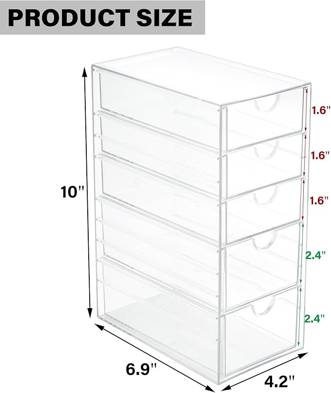 Prsildan Acrylic Drawer Makeup Organizer with 5 Drawers, Hair Accessories Organizer, Office Desk Organization, Clear Stackable Storage Drawers for Vanity, Countertop, Craft, Jewelry