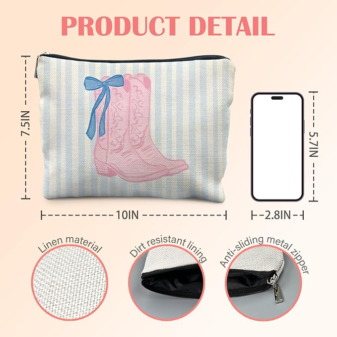 Blue Pink Western Makeup Bag for Women, Cowgirl Gifts for Women, Preppy Western Cosmetic Bag for Purse, Trendy Girly Pink Cowgirl Boot Blue Striped Makeup Zipper Pouch