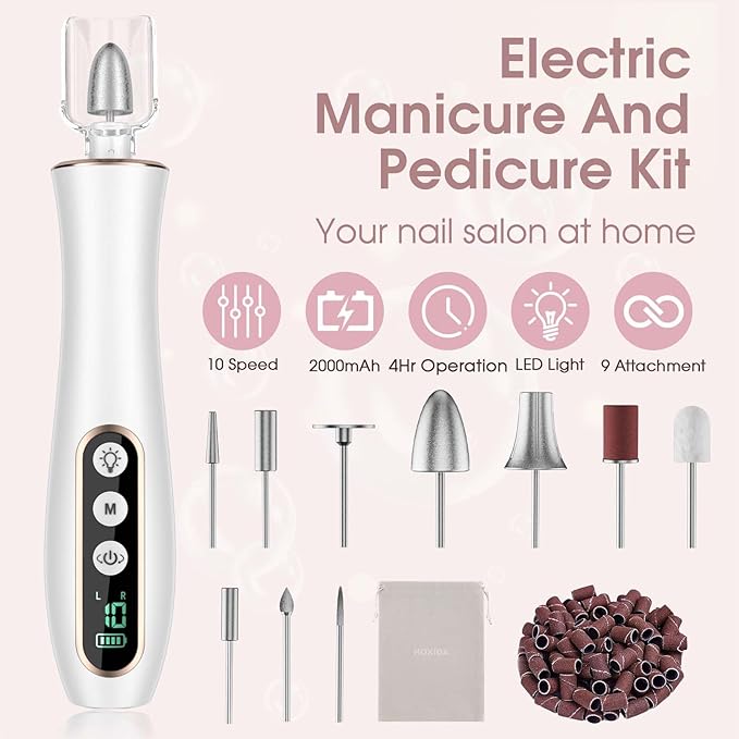 Professional Manicure Pedicure Kit, Cordless Electric Nail Drill with 360° LED light&10 Speeds, Rechargeable Pedicure Tools for feet, Hand Foot Care Nail Drill for Thick Nail Toenail Cuticle Women Men