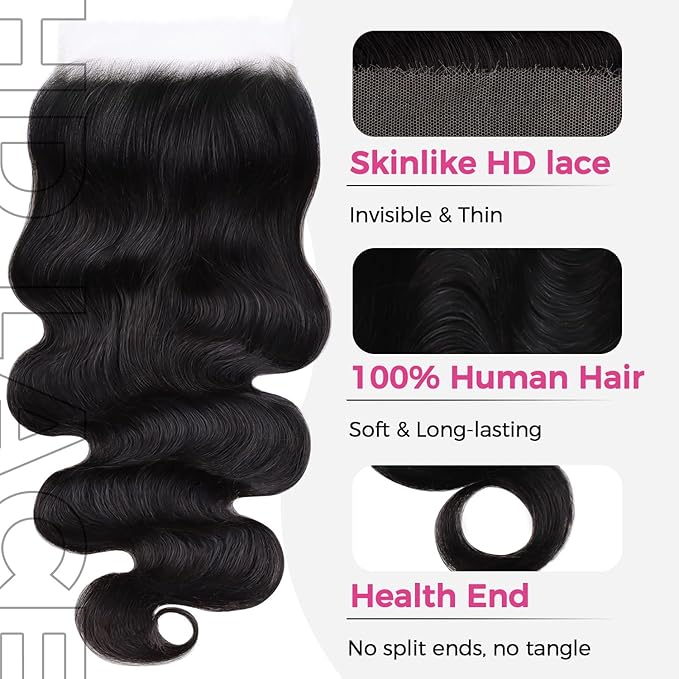 Lashey 6x6 SKINLIKE HD Lace Closure Body Wave, 0.10mm Ultra-Thin Invisible Real HD Closure Pre Bleached Knots Pre Plucked Hairline Human Hair, 18 Inch Natural Black