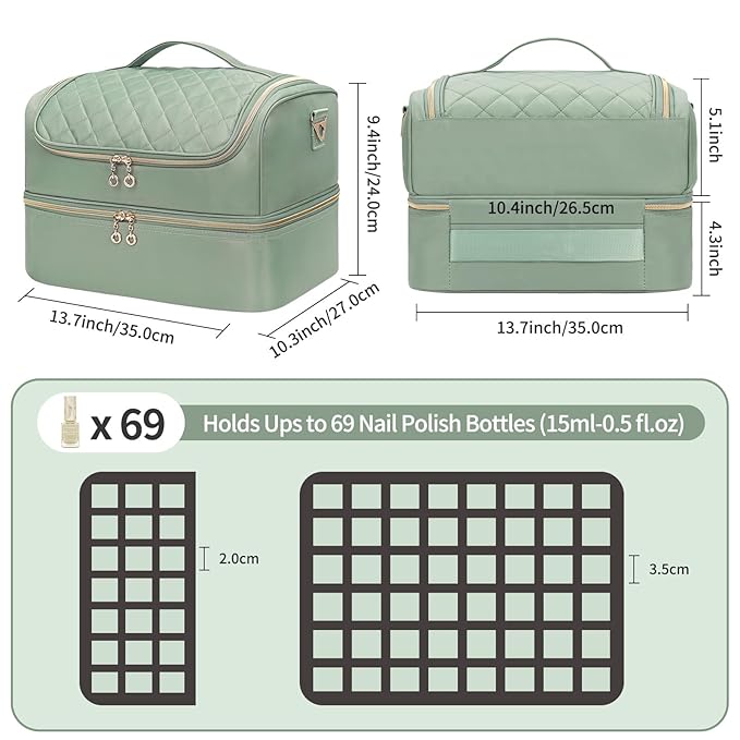 CUBETASTIC Nail Polish Organizer, Nail Tech Organizers and Storage Case Holds 69 Bottles Nail Polish & Nail Lamp, Travel Nail Supplies bag for Nail Tech Kit & Manicure Tools, Green