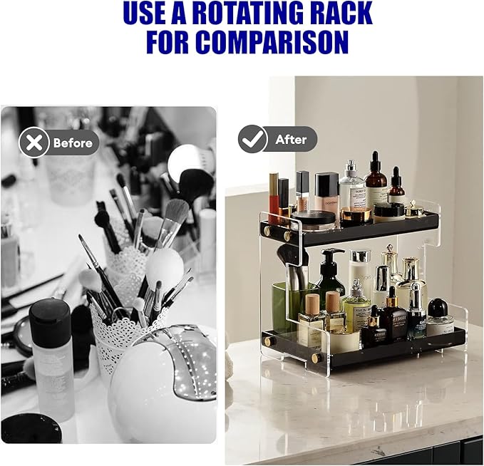 NEWRAIN 2-Tier Bathroom Organizer Countertop for Cosmetics, Makeup, Vanity Holder for Lipstick, Black Cabinet Storage