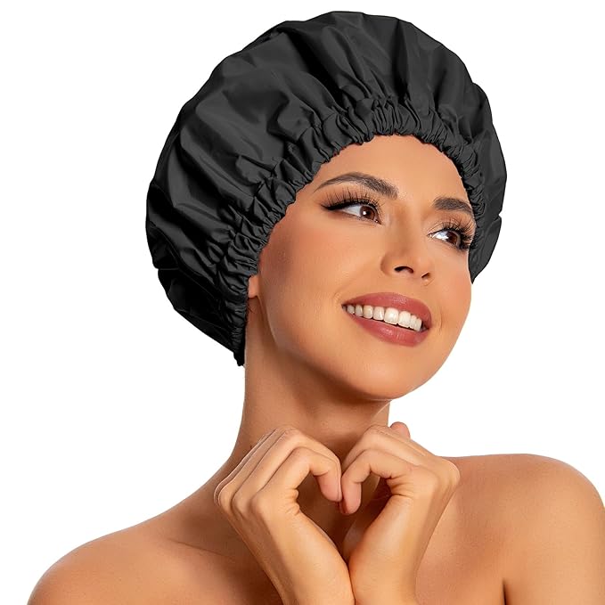 Reusable Shower Cap for Women, Large Waterproof Shower Bonnet Washable Elastic Band Bath Accessories Hair Hat for Long Hair, Braids(Black)