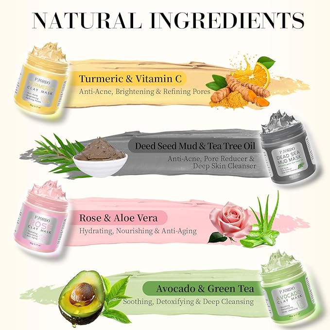 4pcs Clay Mask for Face(360g in total), Turmeric Vitamin C, Dead Sea Mud,Green Tea, Avocado, Rose, Facial Clay Mask Set, Gift Set for Women, Face Mask Skin Care, Gifts for Women, 3.17 Oz Each