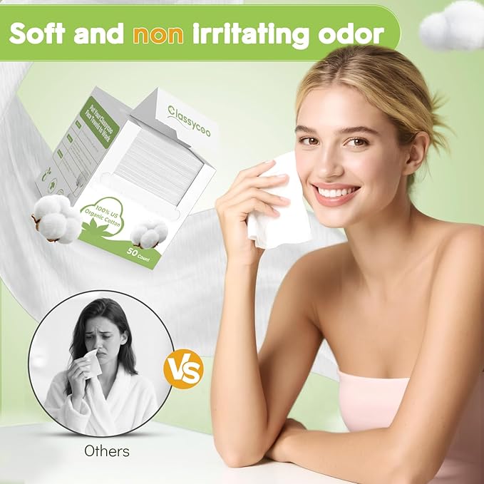 Classycoo 50 PCS Disposable Face Towel Travel Size, 100% Cotton Clean Towels Soft for Sensitive-Skin Facial Towelette Wipes, Odor-Free, Makeup Remover Cloths for Hand Dry Wipe, 7.87x7.87 IN