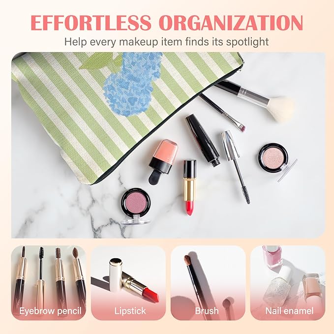 Blue Hydrangea Floral Makeup Bag for Women, Cottagecore Botanical Blue Flower Green Striped Cosmetic Bag for Purse, Floral Makeup Zipper Pouch